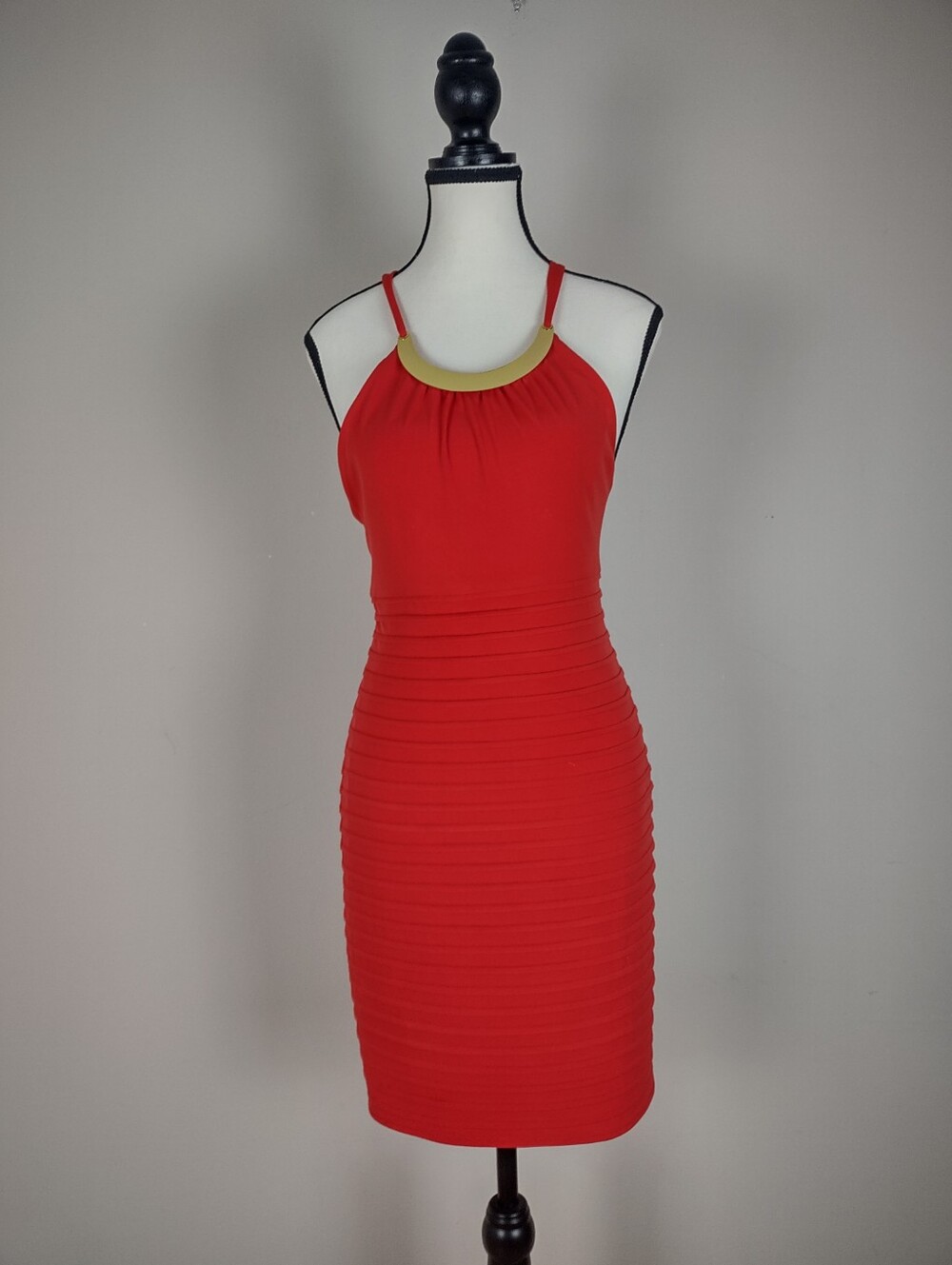 Max & Cleo Red/Coral Bodycon Halter Dress w/ Gold Neck Detail Size 4